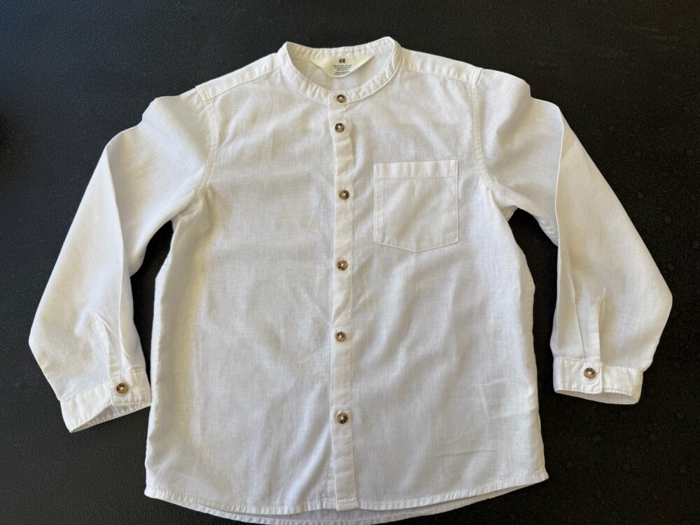 H & M Boys White Linen Button Long Sleeve Collared Shirt Size 7